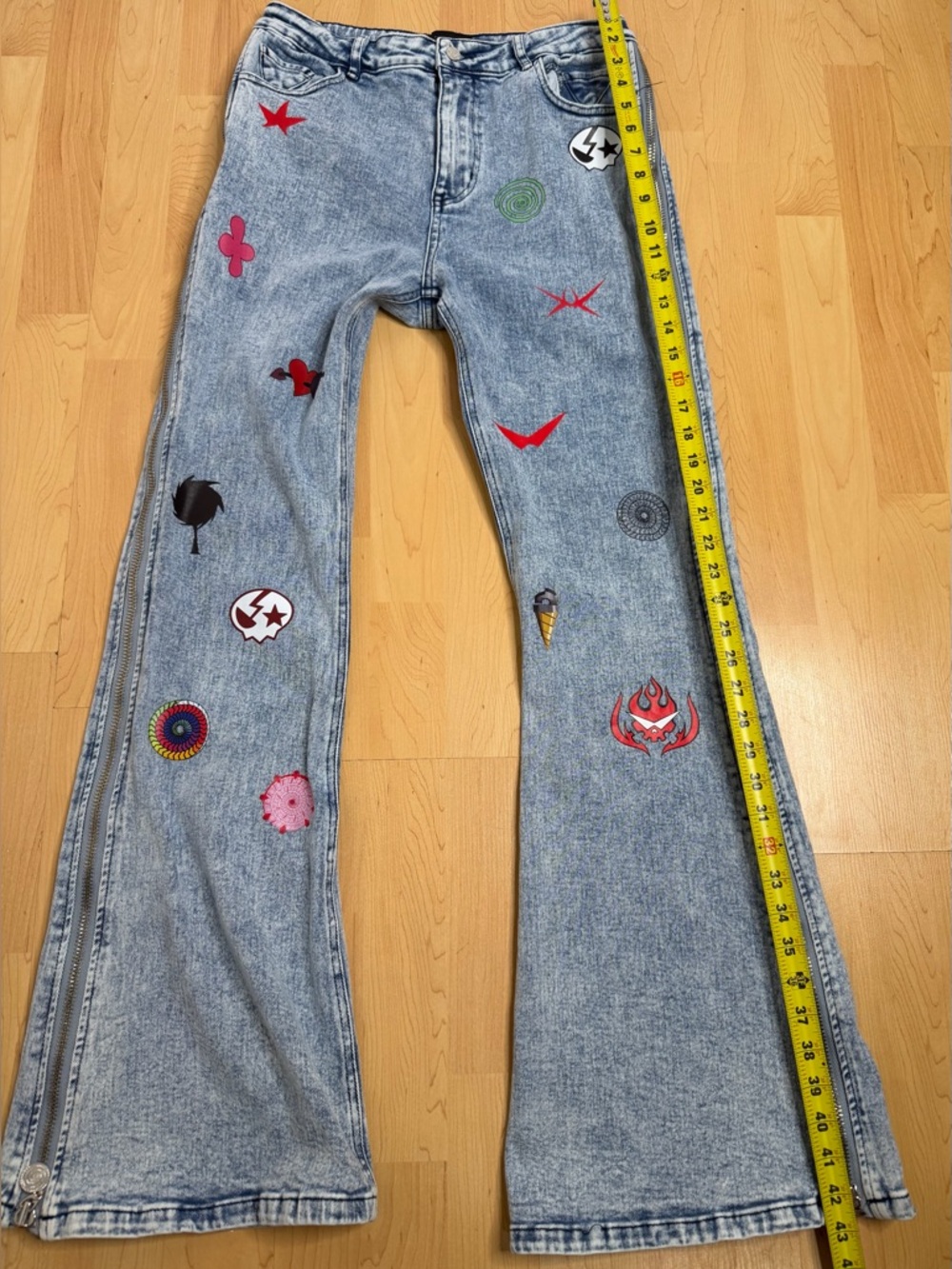 VEES Y2K Patchwork Flare Jeans Side Zipper Bell Bottom High Rise Festival - Picture 8 of 12